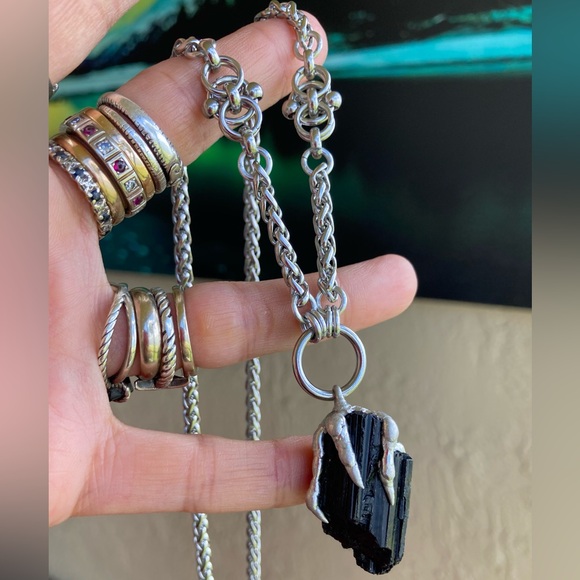 Black raw natural tourmaline gemstone electroplated charm steel boho necklace - Picture 16 of 16